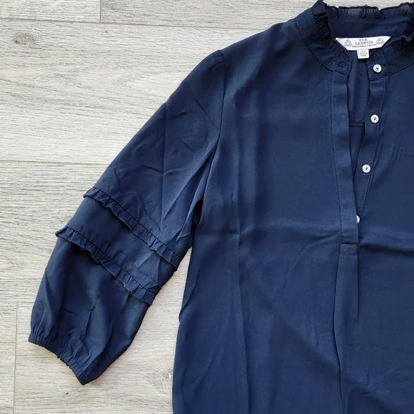 Eco Nanette Lepore Navy Shirt Womens Xs Ruffle Three Quarter Sleeves - Picture 2 of 10